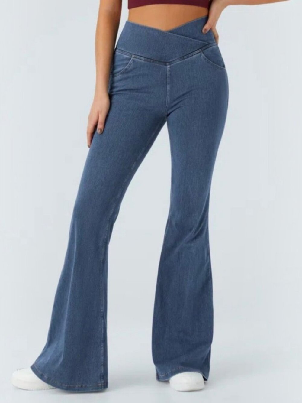 NWT Halara Womens Large Petite LP High Waisted Crossover Flare Blue Jeans 041
